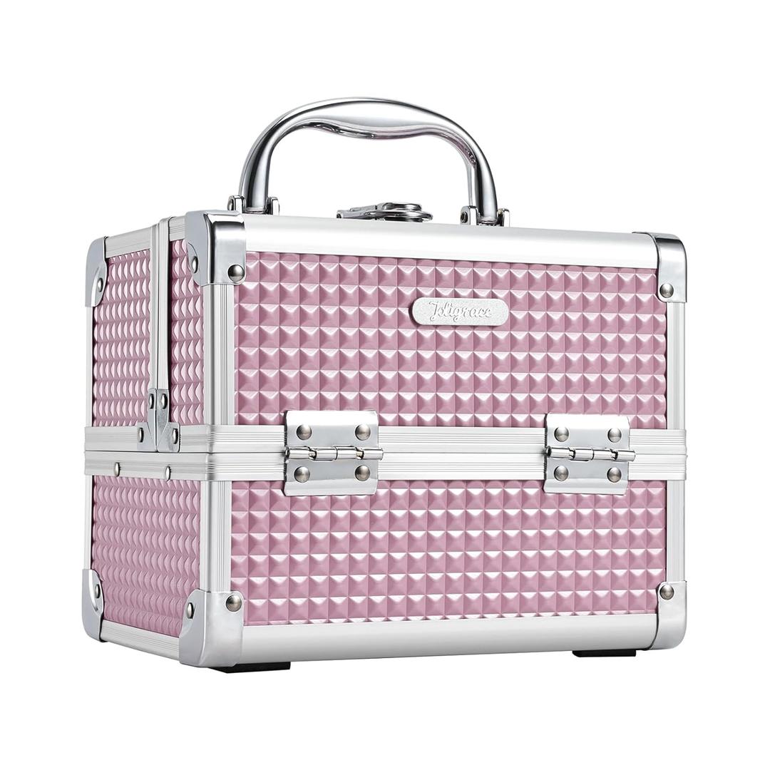 Joligrace Makeup Case Portable Makeup Box Travel Train Case Kids Cosmetic Case Organizer with 2 trays Mirror Locking Make Up Storage Vanity Craft Nail Case Traveling Cosmetic Box for Girls Pink