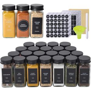 24 Glass Spice Jars with 576 Labels-Spice Jars with Black Metal Caps, 4oz Empty Square Spice Containers with Shaker Lids, Funnel, Pen, Seasoning Bottles for Spice Rack, Drawer, Cabinet