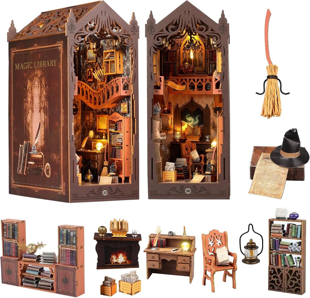 Book Nook Kit,DIY Miniature House Kit,Dollhouse Booknook with Dust Cover & LED Light,3D Wooden Bookends Puzzle,Bookshelf Decorfor for Adults, Teens, Beginners,Gifts for Family, Friends