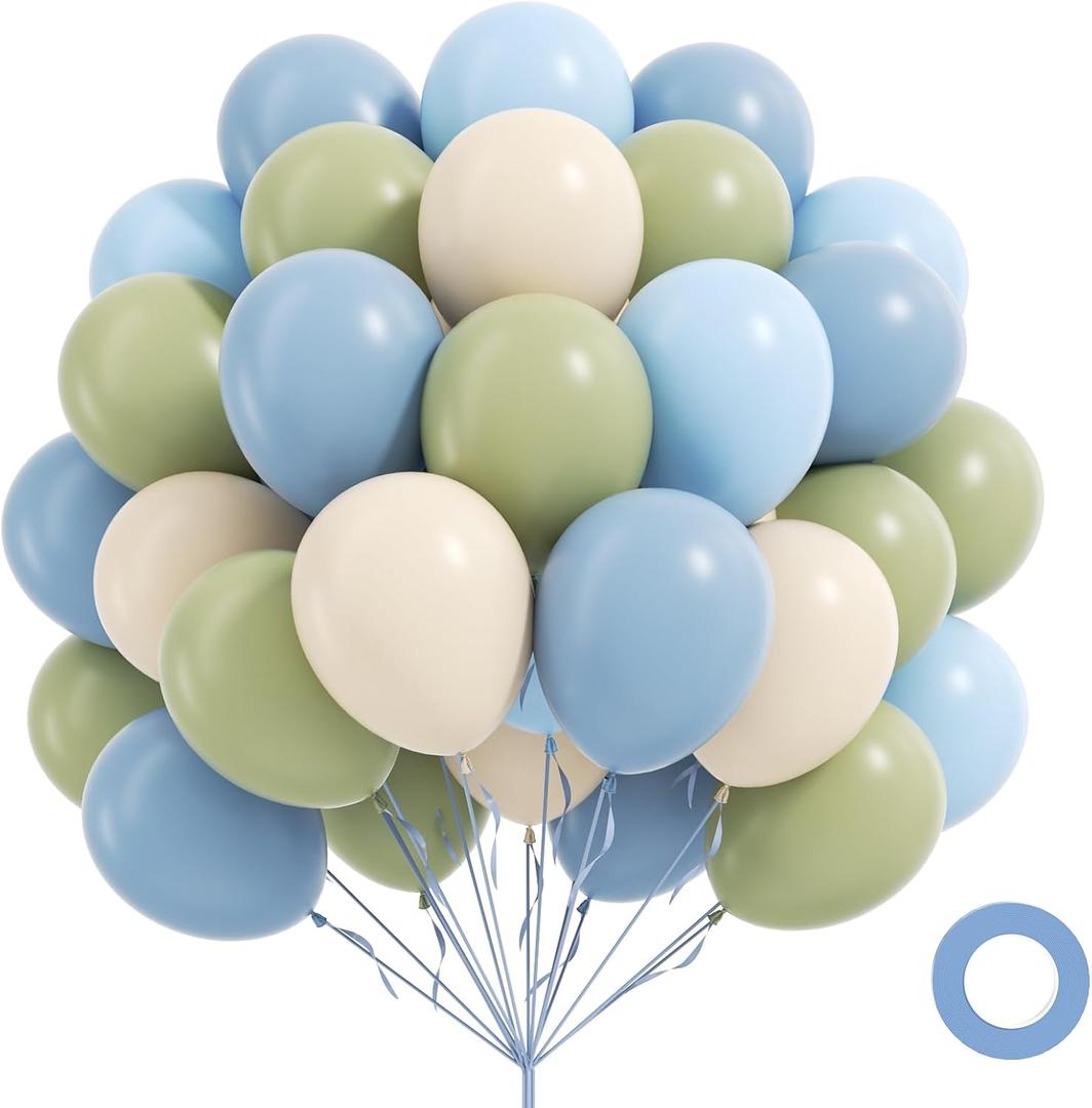 60pcs Blue and Green Balloons 12inch with Dusty Pastel Blue Sage Green Sand White Balloons for Baby Shower Birthday Party Decorations