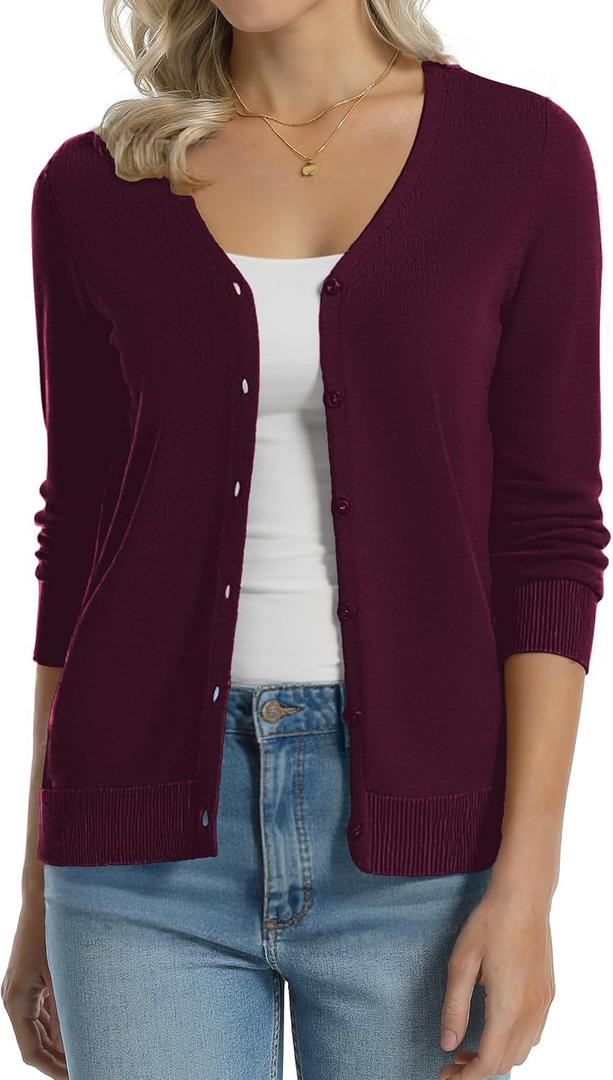 QUALFORT Women's 100% Cotton Lightweight Cardigans Long Sleeve Knitted Button Down Sweater, Size S
