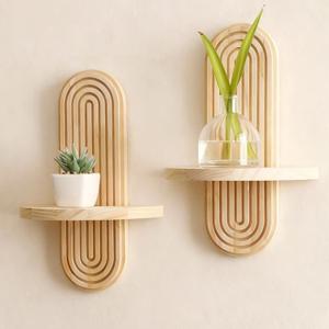 2 Pack Boho Shelf Wall Decor - Handmade Solid Wood Floating Shelves Rainbow Arch Trinket Storage Rack Wall Decor for Bedroom Living Room Nursery Bathroom (1 Beige)