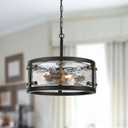 13" Industrial Drum Glass Chandelier, 3-Light Rustic Hanging Pendant Lights, Metal Round Lighting Fixture for Dining Room Foyer Entryway Hallway Bedroom, Clear Waterglass Drum Shade
