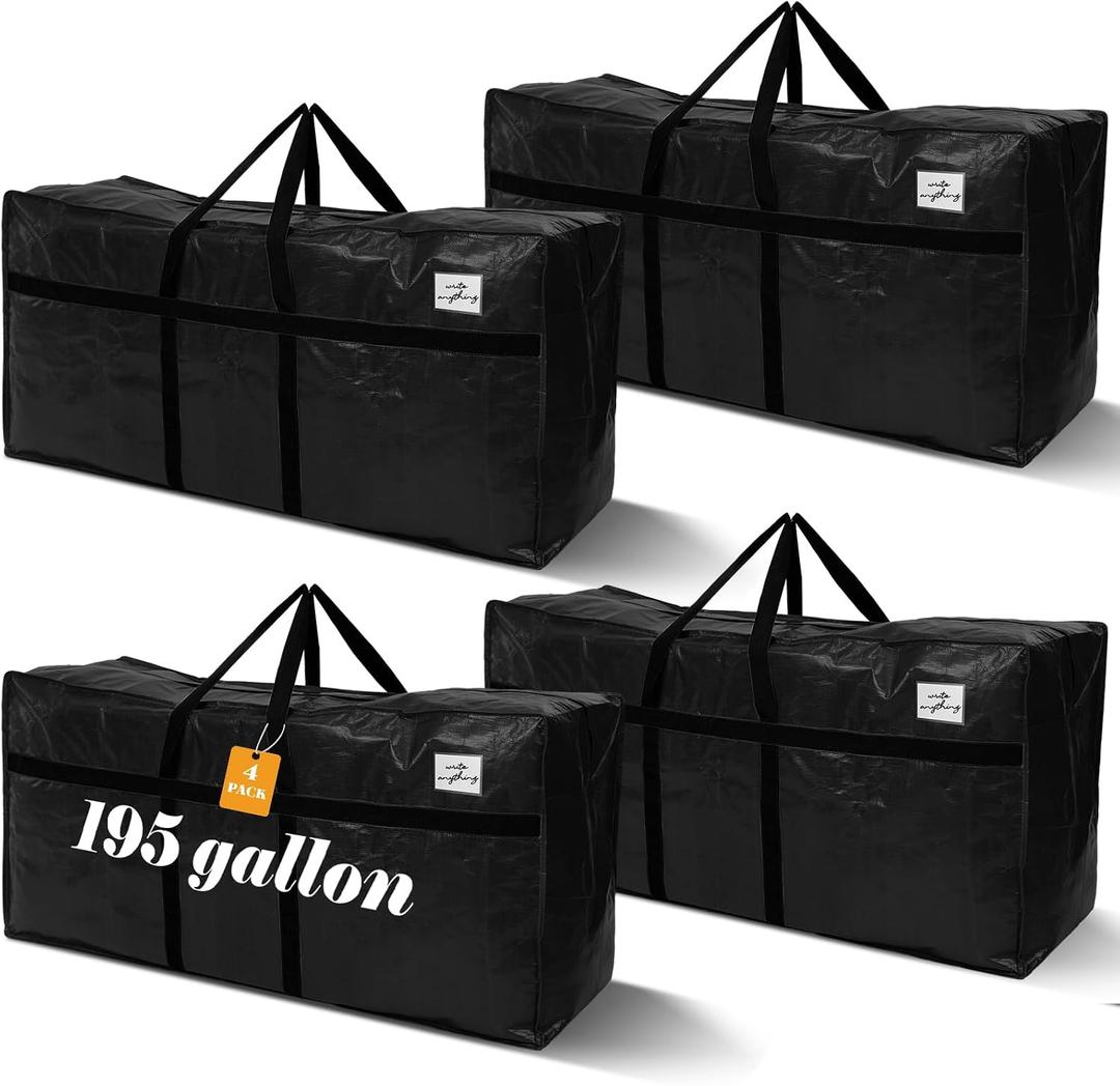 Windyun 4 Pack 195 Gallon Extra Large Moving Bags XXL Heavy Duty Storage Bag with Strong Zipper Handle Jumbo Big Tote Box Foldable for College Dorm Travel Clothes Duffle Blanket Pillow(Black)
