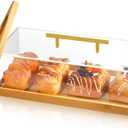 FoldTier 1 Set Rectangular Cake Tray with Lid 14" x 6" x 4" Bakery Pastry Dessert Display Case with Wood Base Acrylic Cake Stand Holder Serving Tray with Tong for Party Banquet Dessert Shop (Bamboo)
