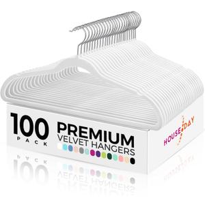 HOUSE DAY Premium Velvet Hangers 100 Pack White, Non-Slip Flocked Felt Hangers, Sturdy Clothes Hanger with 360 Rotatable Hook, Heavy Duty Durable Slim Coat Hanger for Closet Space Saving (White/ Silver)