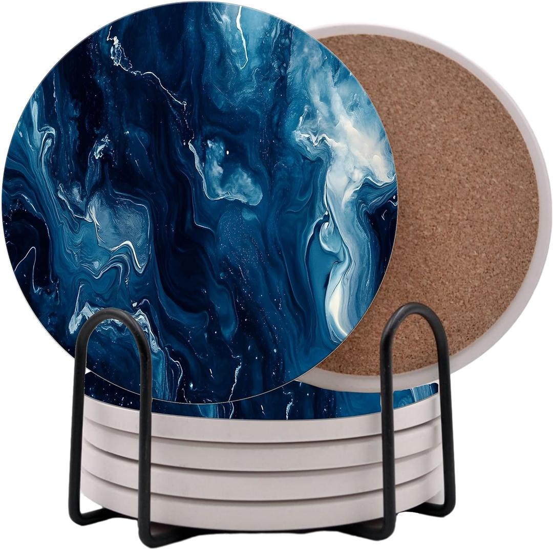 Blue Agate Marble Round Coasters Set of 6 - Abosrbent Ceramic Coasters with Metal Stand for Drinks, Coffee, Non-Slip Cork Back for Tabletop Protection, 4 Inches Marbled Pattern (Dark Marble)