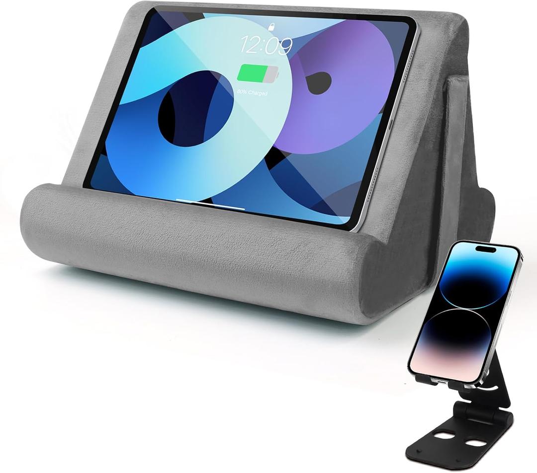 Multi-Angle Tablet Stand with Soft Pad and Net Pocket - Universal Lazy Holder for Lap, Knee, Sofa and Bed(Grey)