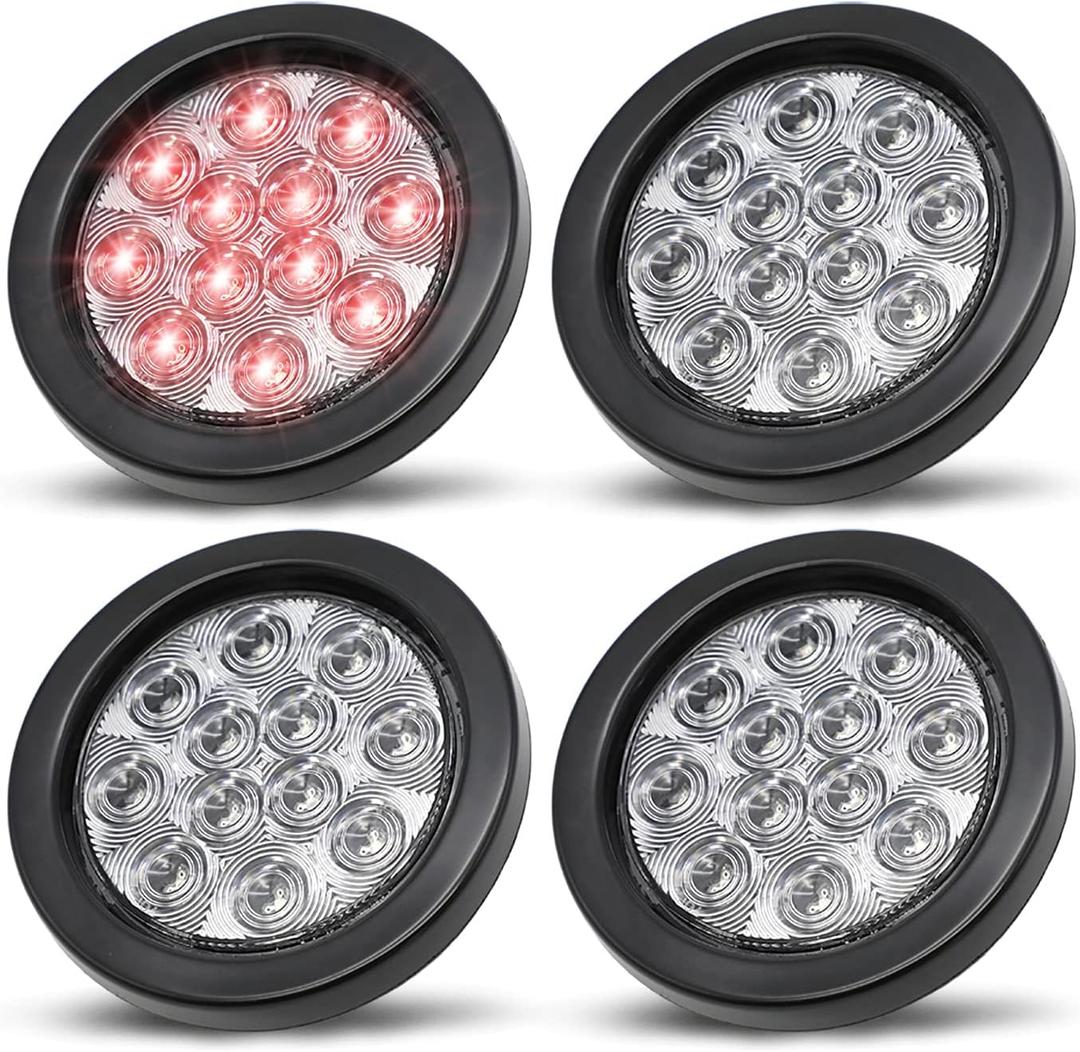 MADCATZ (Pack of 4) 4 Inch Clear Lens Red LED Round Clearance Stop Brake Trailer Tail Lights 12 Diodes Truck Boat RV Bus ATV Caravan Tow Tractor 3 Prong Plug Waterproof 12V DC GA12
