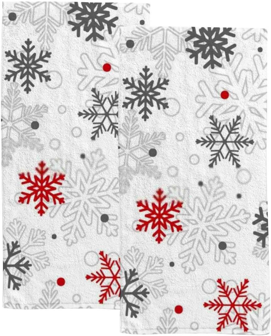 Vantaso Bath Hand Towels Set of 2 Christmas Gray Red Snowflakes Soft and Absorbent Washcloths Kitchen Hand Towel for Bathroom Hotel Gym Spa