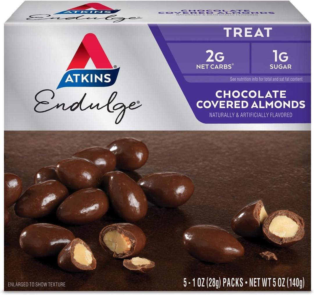 Atkins Endulge Treat Chocolate Covered Almonds. Rich & Crunchy. Keto-Friendly.1 Oz, 5 Count (Pack of 4) (EXP 11/14/26)