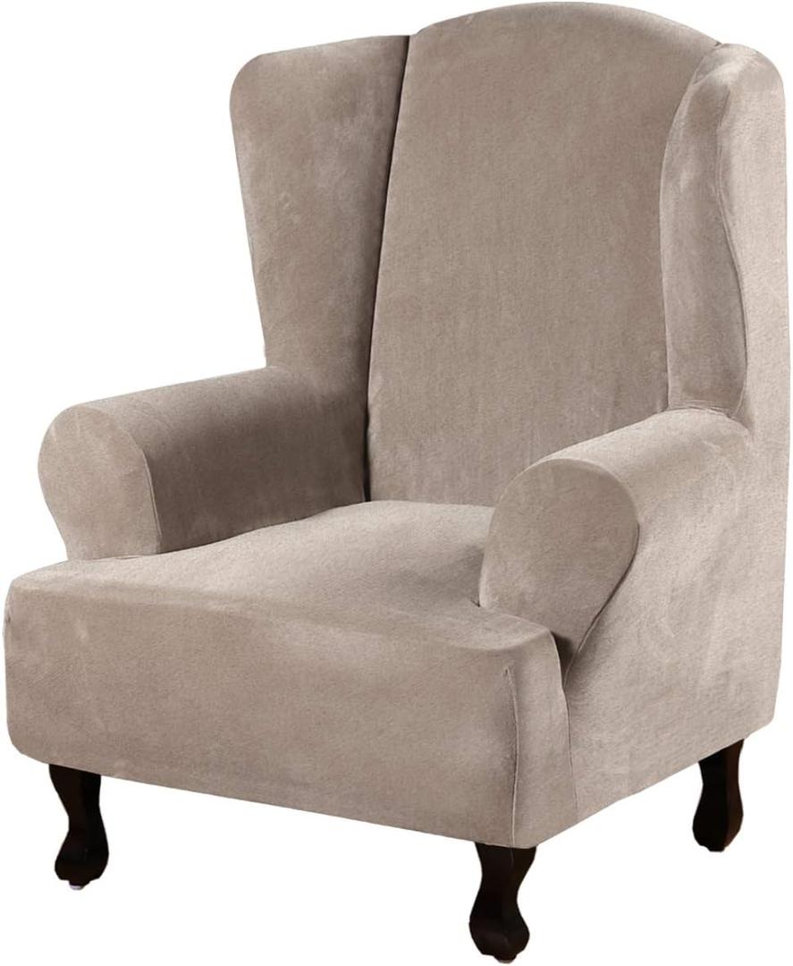 H.VERSAILTEX Wingback Chair Covers Velvet Plush Wing Chair Slipcover 1 Piece High Stretch Wing Back Chair Slipcovers Sofa Cover Furniture Cover with Elastic Bottom, Taupe