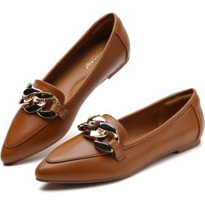 Tilocow Metal Chain Loafers for Womens Slip On Pointed Toe Flats Comfortable Fashion Work Business Shoes (6, Dark Brown)