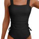 Aleumdr Womens Retro Ruched Two Piece Strappy Tummy Control Swimwear Tie Side Tankini Bathing Suit Set (Medium, Black)