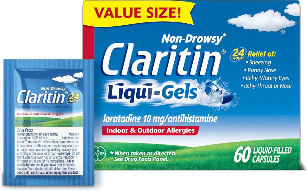 Claritin Allergy Medicine for Adults, 24-Hour Non-Drowsy Loratadine 10mg, Antihistamine, 60 Liquid Gels + 1ct On-The-Go Relief, BBD: 11/2028