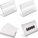 BILLIOTEAM 50pack Mini Clear Sign Display Holder with Blank Labels,3.2*2.2 Inch Horizontal Slanted L-Shape Plastic Name Card Price Card Tag Label Counter Top Stand