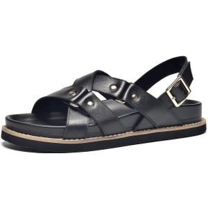 BEAU TODAY Flat Sandals for Women, Fashion Strappy Sandal Comfortable Arch Support, Open Toe Beach Dressy Leather Summer Platform Sandals (8.5, Black-1)