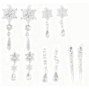 10PCS Clear Acrylic Snowflake Ornaments - Crystal Icicle Hanging Pendants with Crystal Rope for Holiday Home Decoration