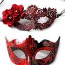 Zinniday Red Masquerade Mask for Couples, 2 Pcs Venetian Carnival Masks with Women Flower Lace Mask and Men Antique Eyemask, 2026 Couple Mask Set for Renaissance Ball Prom Party Costumes Accessory