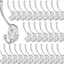 30 Pack Heavy Duty Dual Coat Hooks Wall Mounted with 60 Screws Retro Double Hooks Utility Silvery Hooks for Coat, Scarf, Bag, Towel, Key, Cap, Cup, Hat