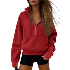 ATHMILE Womens Sweatshirts Half Zip Cropped Pullover Fleece Quarter Zipper Hoodies Fall Winter Fashion Outfits Red XL