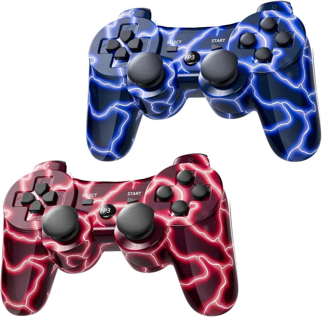 Wireless Controller for PS-3 Motion Sense Double Vibration Upgraded Gaming Remote for Play 3 with Charging Cord (BlueFlash and RedFlash)