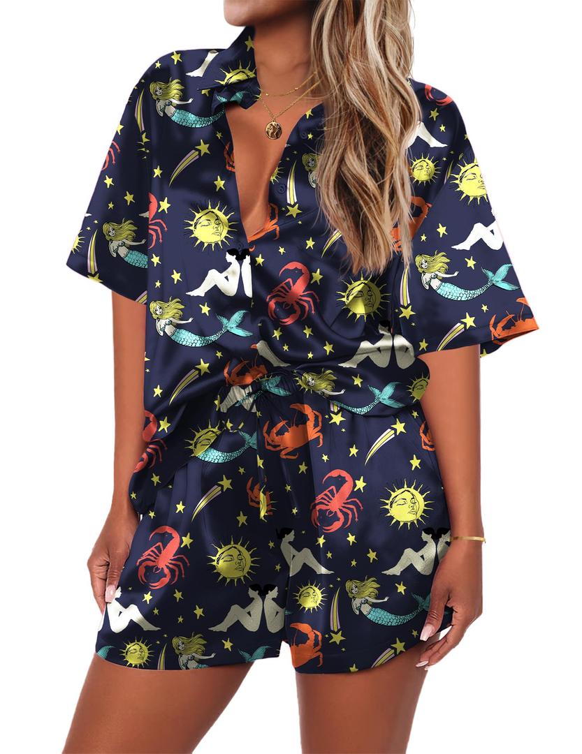 Ekouaer Pajamas for Women Silk Soft Sleepwear Short Sleeve Button Down Pjs Satin Top and Shorts 2 Piece Lounge Set Mermaid,Small (S)