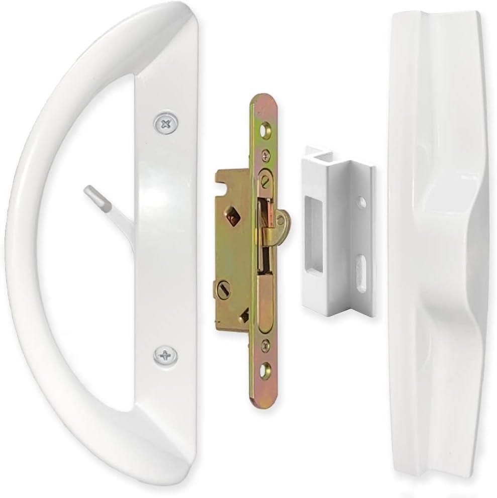 ALLYWASAI Patio Sliding Door Handle Set with Mortise Lock, Face Plate and Keeper, Replacement Handle Lock Set Fits Door Thickness from 1-1/2" to 1-3/4", 3-15/16" Screw Hole Spacing, Non-keyed, White