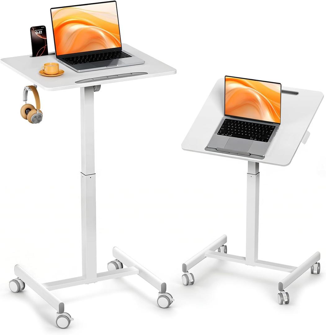 JOY worker Mobile Standing Desk, 23.6" x 20.5" Small Rolling Laptop Cart with 90 Tiltable Desktop, Portable Height Adjustable Sit-Stand Computer Desk on Wheels for Home Office, White