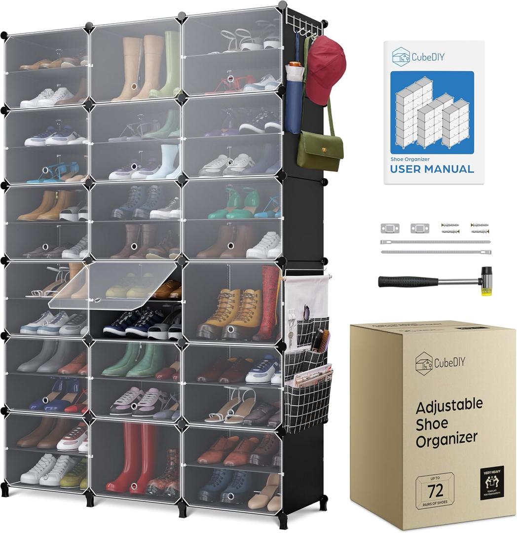 CUBEDIY Shoe Organizer Cabinet Up to 72 Pairs, Shoe Closet-Covered Shoe Rack with See-Through Door (Clear, Plastic, Stackable) Cubby Portable Shoe Organizer with Covers, Hooks & Pockets, Black