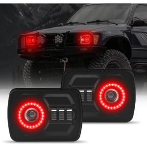 DOXMALL 2Pcs Rectangle 57 76 Inch LED Headlights with Halo DRL & Turn Signal High/Low Beam,Compatible With Cherokee XJ Wrangler YJ GMC Dodge Kenworth T300 Replacement H6054 H5054 6052 (Red Halo)