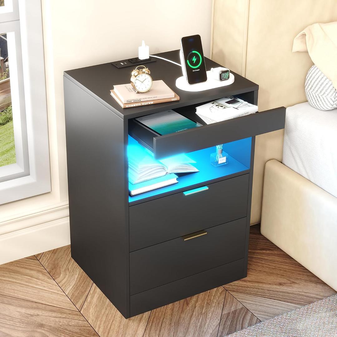 Gadroad Night Stand, LED Nightstand with Charging Station, Wood Bedside Table, End Table Sofa Couch Side Table with Pull-Out Shelf, Black, 13.78 inches x 15.75 inches x 23.62 inches