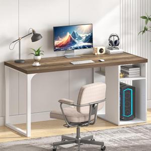 EXCEFUR Modern Computer Desk for Home Office, PC Gaming Desk with Reversible Storage Shelves, Study Writing Table Workstations for Living Room, 53 Inch, Rustic Oak and White