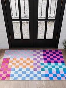 Multicolored Checkerboard Bathroom Rug 2x3 Small Area Rugs Non Slip, Ultra Thin Washable Entryway Rug Indoor Doormat, Boho Aesthetic Retro Throw Rugs for Kitchen Bedroom Laundry