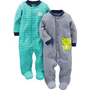 Simple Joys Baby Boy's 2 pack Cotton Footed Sleep and Play Sleepwear, Navy Stripe/ Turq Stripe, Newborn
