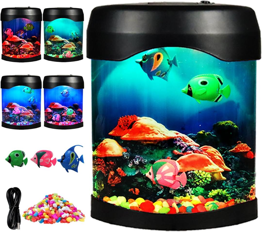 Fish lamp,Mini Aquarium Tank Decorative Lamp with 7 Color Changing,LED Aquarium Sensory Night Light with 3 Fake Moving Fish,Table Lamp for Home Office Desktop Decor,Gifts for Kids and Adults