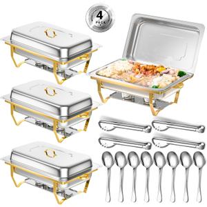 Chafing Dishes, 8 Qt High Grade Buffet Set, Full Size Pan, Rolled-Edge Design Food Warmers for Parties, Wedding, Birthday, Camping 4 Pack (Half Gold)