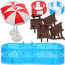 2 Sets 1:12 Scale Miniature Swimming Pool Dollhouse Accessories, Folding Beach Chairs Umbrellas Swim Rings, Summer Fairy Garden DIY Decor