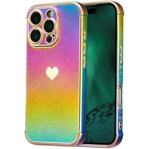 ZTOFERA for iPhone 16 Pro Case 6.3 inch,Cute Colorful Iridescent Plating Edge Case with Love Hearts Pattern,Camera Lens Protection Shockproof Phone Case for Women Girls,Iridescent Violet