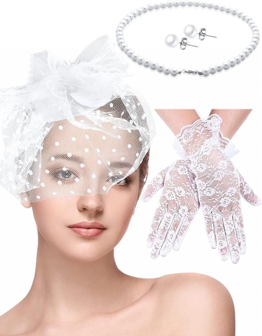 Honoson 4 Pcs Fascinators Hats Set for Women Tea Party Accessory Headpiece Veil Lace Glove Pearl Set, Wedding Halloween Xmas (White)