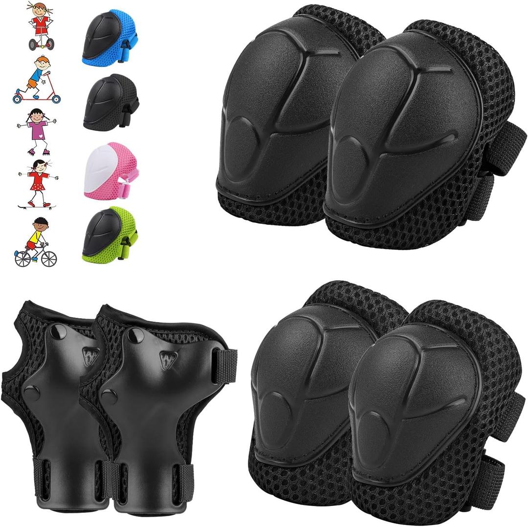 WayEee 6PCS Kids Protective Gear Set, Knee Pads for Kids 3-14 Years Old, Toddler Knee Pads and Elbow Pads, Wrist Guards Set, Skating Cycling Bike Rollerblading Scooter, Upgraded & Durable Material (Black)