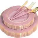Nervure 100PCS Mauve Pink Plastic Plates With Gold Rim - Mauve and Gold Disposable Plates with Mauve Handle For Wedding & Party Serve for 20 Guests