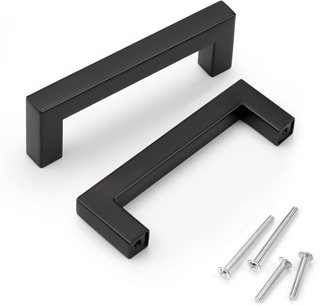 KNOBWELL 6 Pack Black Kitchen Cabinet Pulls, 3-3/4 inch Hole Center Black Square Stainless Steel Dresser Drawer Pulls 4-1/5" Length