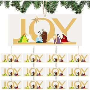 Bucherry 12 Pcs Joy Nativity Scene Ornament for Christmas Tree Wooden Jesus Ornaments Christian Religious Hanging Decor for Home Christmas Decorations