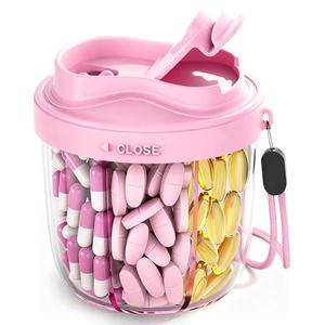 Cute Pill Organizer,Pill Dispenser with 7 Large Compartments,Portable Pill Bottle Box with Wide Opening for Easy Use, Anti-Mix Pills Organizer for Travel,Includes 20 Pcs Sticky Labels（Pink）