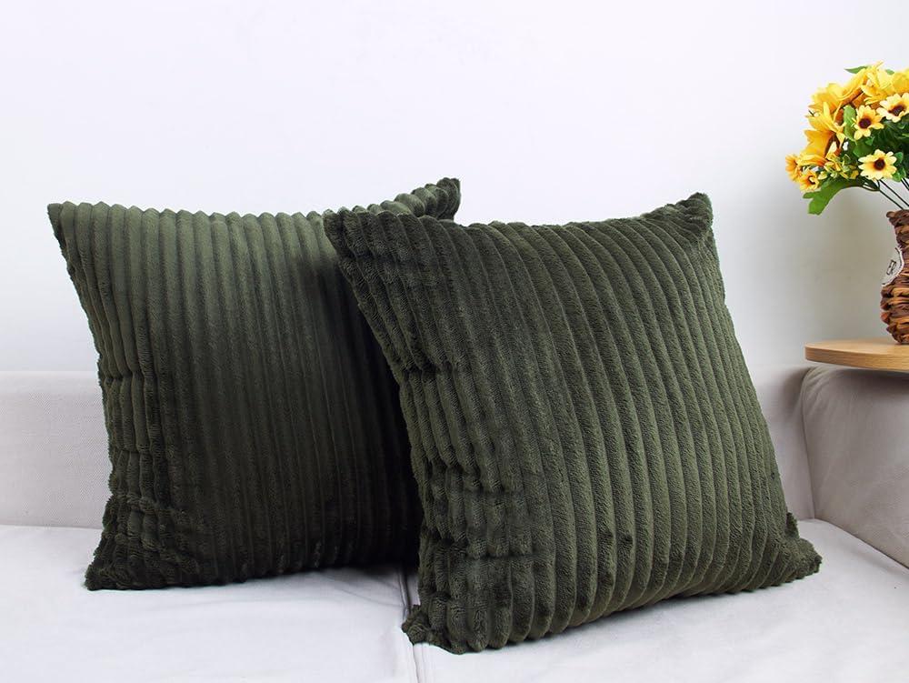TangDepot, Set of 2 Soft Plush Velvet Big Striped Corduroy Solid Decorative Throw Pillow Covers, Euro Shams, European Pillow Covers - (26"x26" 2 Pieces, A74 Very Dark Green)