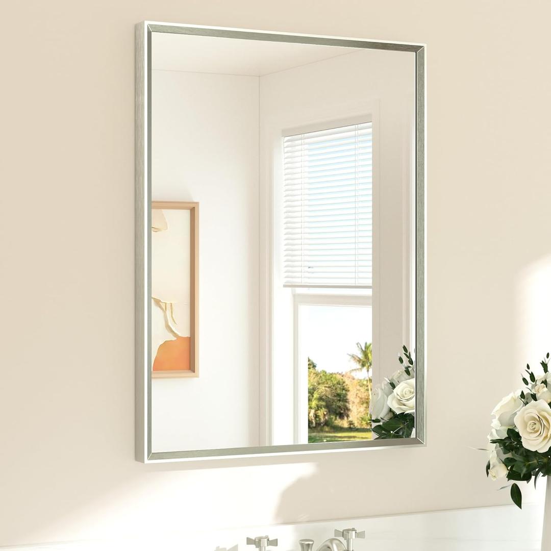 TETOTE Brushed Nickel Mirror for Bathroom Sink 24" x 32" Beveled Frame Brushed Nickel Vanity Rectangle Mirror for Bathroom Wall, Modern Farmhouse, Tempered Glass, Shatterproof, Stronger Frame
