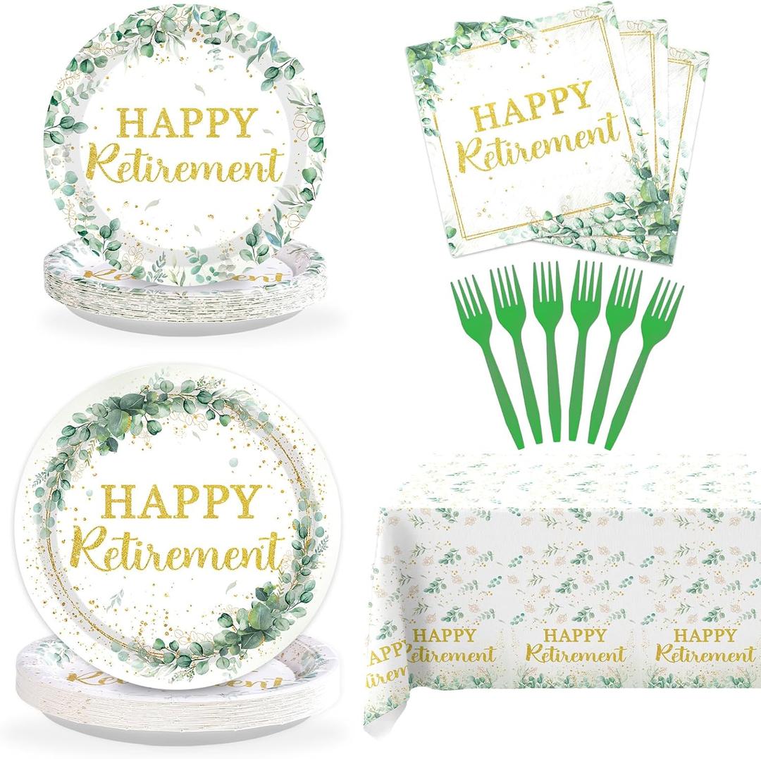 98PCS Sage Green Retirement Party Decorations Greenery Happy Retirement Plates Napkins and Tablecloths Gold Green Retired Tableware Sets for Women Men Teachers Goodbye Going Away Party Supplies