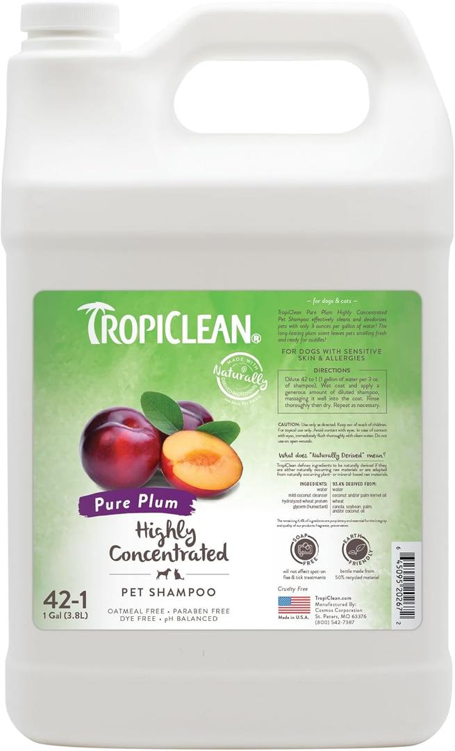 TropiClean High Concentrate Dog Shampoo, Professional Grade & Size for Groomers, 42:1 Dilution, Puppy Safe, USA Made, Pure Plum Scent, 1 Gallon
