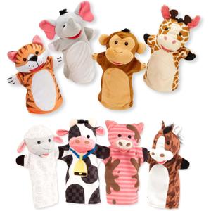 Melissa & Doug Animal Hand Puppets (Set of 2, 4 animals in each) - Zoo Friends and Farm Friends